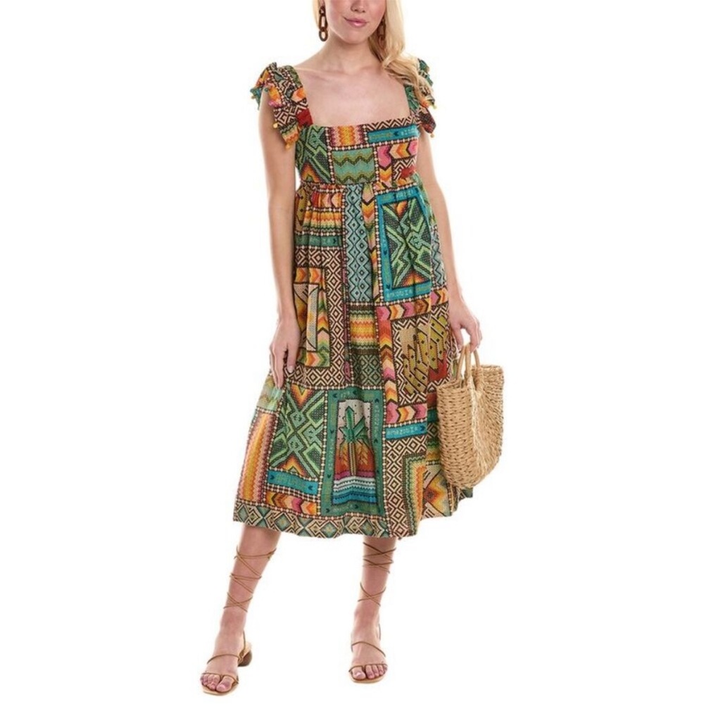 FARM Rio Multicolor Patchwork Midi Dress - Green, Yellow, Orange